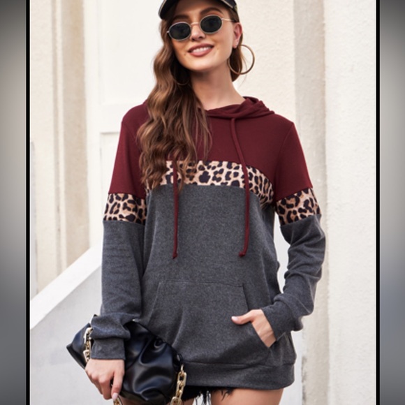 Women Drawstring Pullover Hoodies Casual Long Sleeve Sweatshirt NWT Leopard - Picture 5 of 6